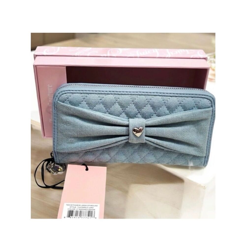NWT Juicy Couture Large Quilted Zip Around Light Washed Blue Denim Bow Wallet